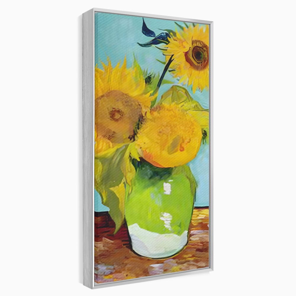 Tablou canvas cu tablou pictura cu floarea soarelui, in rama de aluminiu argintiu